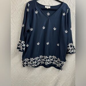 Elegant Navy Blouse with White Embroidery